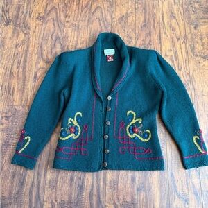 Susan Bristol Green Wool Embroidered Holiday Cardigan Sweater Cottagecore | M